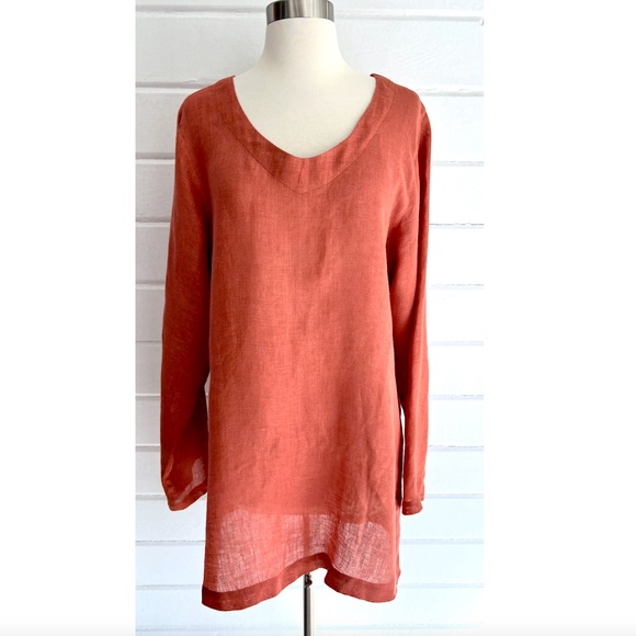 Maiwa Tops - MAIWA Artisan Hand Dyed Linen Long Sleeve Tunic Top in Terracotta - L